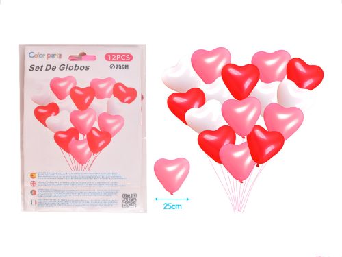 Ballonnenset hartjes 25cm rood/roze/wit 12 stuks BALLONNENSET HART MET LINT 12ST