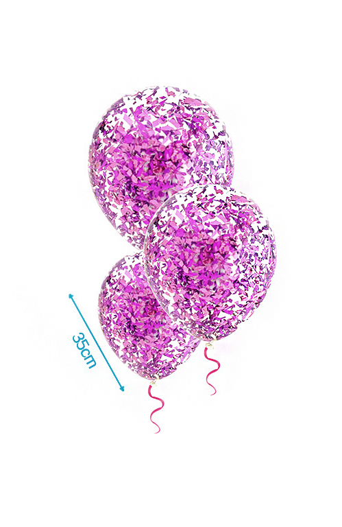 Confetti ballonnen 35cm met donkerroze confetti 3st BALLONNENSET MET ROZE CONFETTI 3X