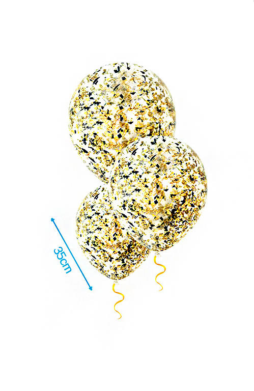 Confetti ballonnen 35cm met zwarte en gouden confetti Ballonnen m/confetti goud/zw glitters 3st