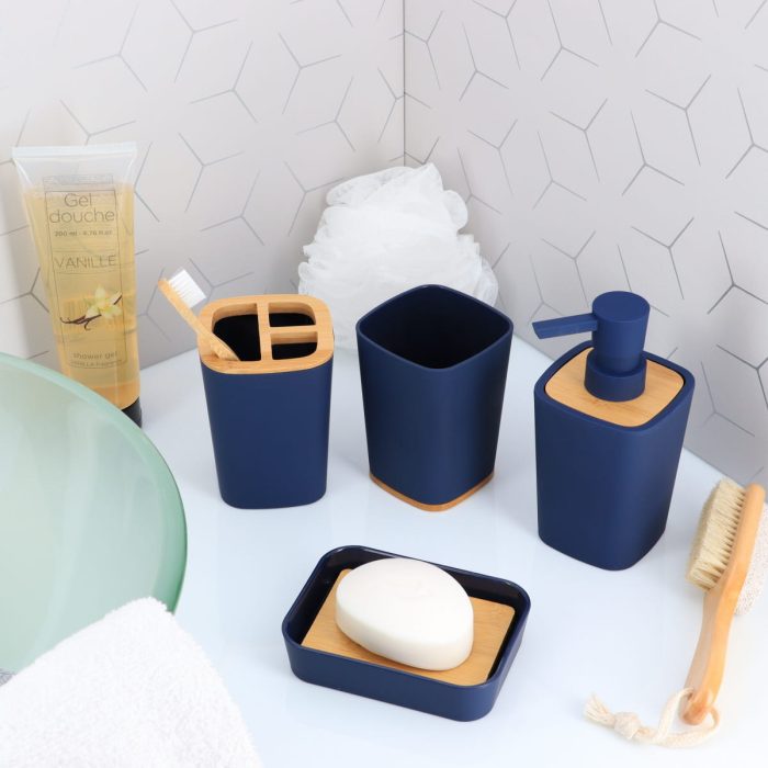 RUBBER SOAP DISH + ABS AND BAMBOO - NAVY BLUE