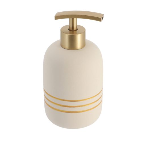 Zeepdispenser stoneware crème-goud 400ml STONEWARE SOAP DISPENSER WITH GOLD STRIPES - NATURAL