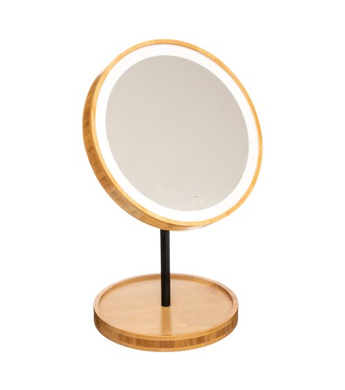 Staande make-up spiegel met led bamboe spiegel mirrorLed spiegel op voet bamboo
