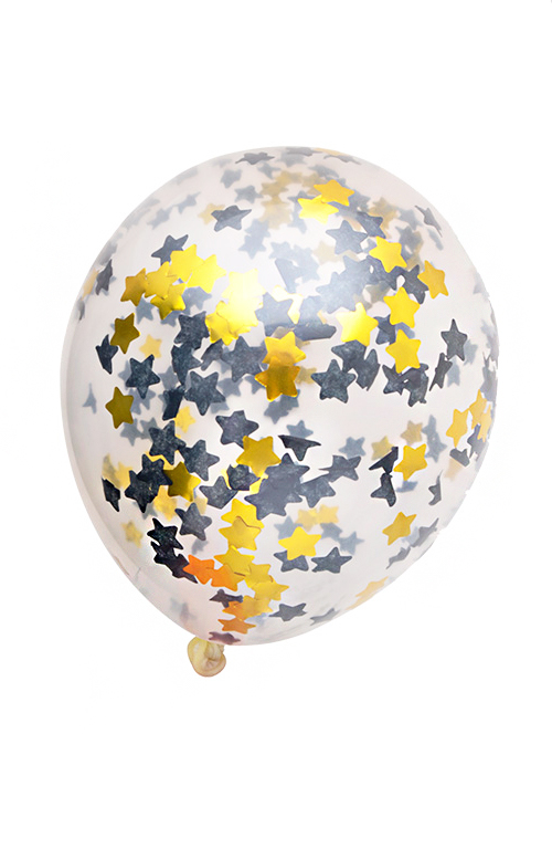 Confetti ballonnen 35cm met zwarte en gouden sterren confetti 3st