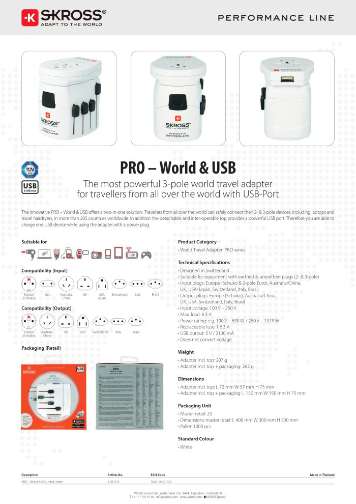 Reisstekker 2-in-1 Wereld Pro USB SKROSS