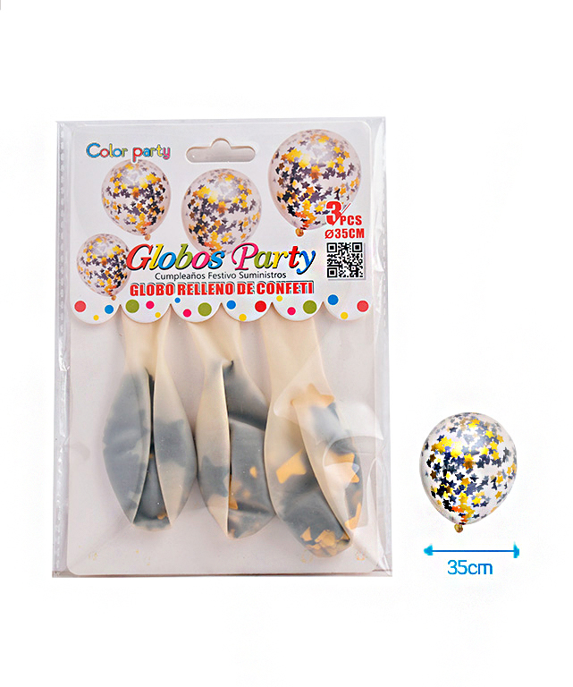 Confetti ballonnen 35cm met zwarte en gouden sterren confetti 3st