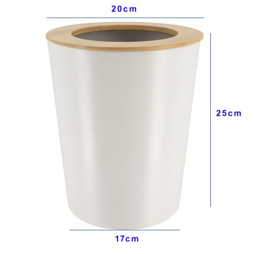 Metalen afvalemmer open bamboe deksel wit-naturel 5L
