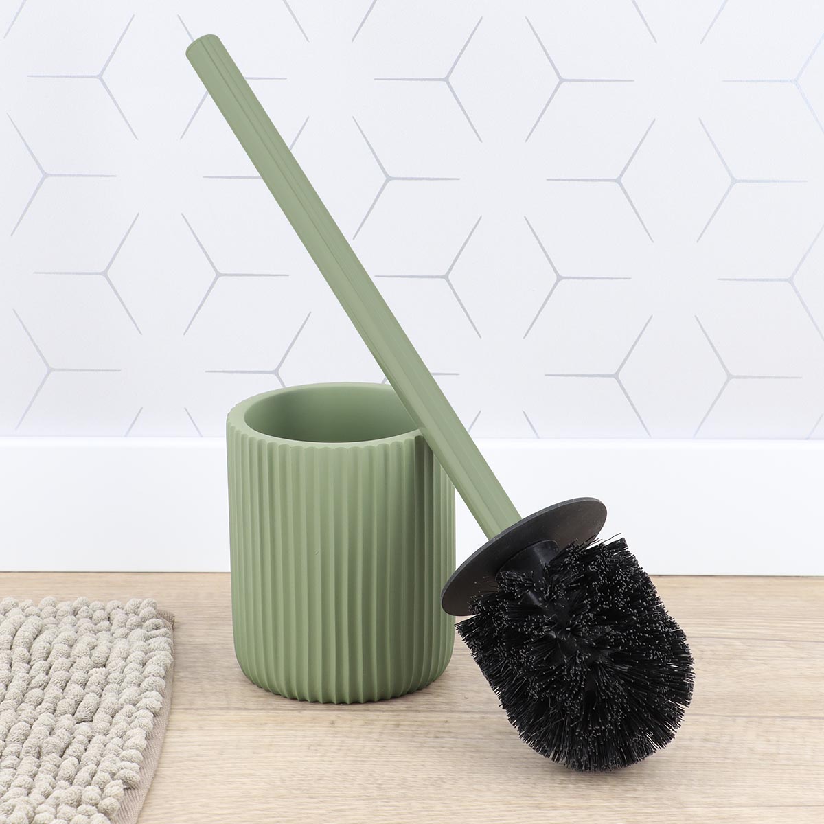 Toiletborstel met geribbelde polyresin houder kakigroen