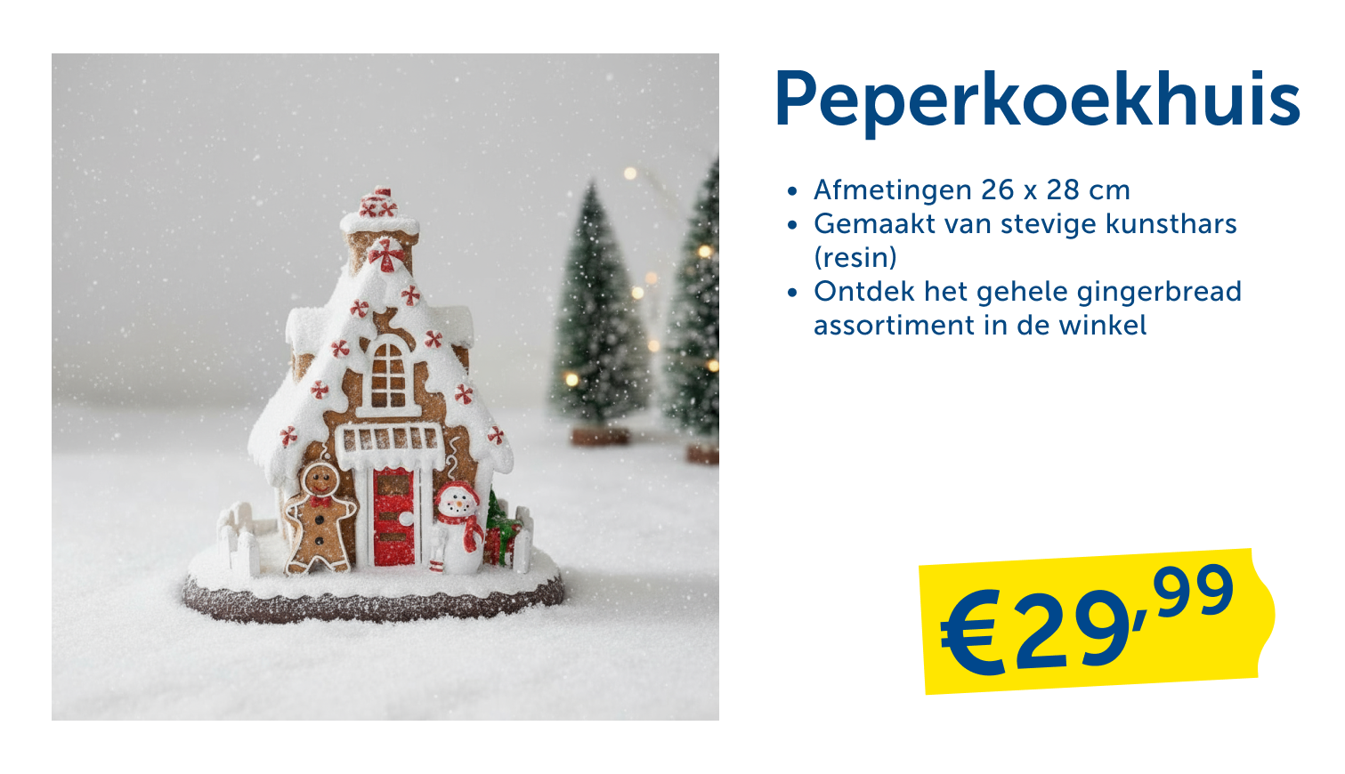 Decoratief peperkoekhuisje met sneeuw, gingerbread poppetje en kerstboom op winterse achtergrond.