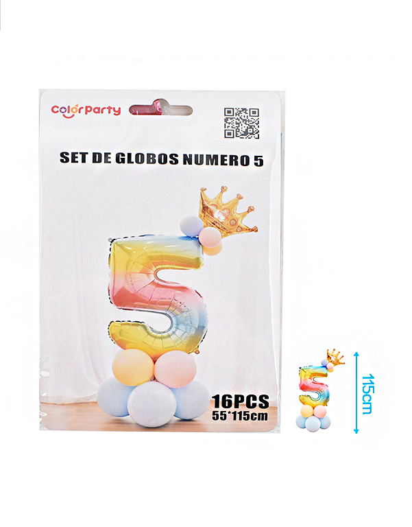Ballonnenset regenboog 16-delig Cijfer 5
