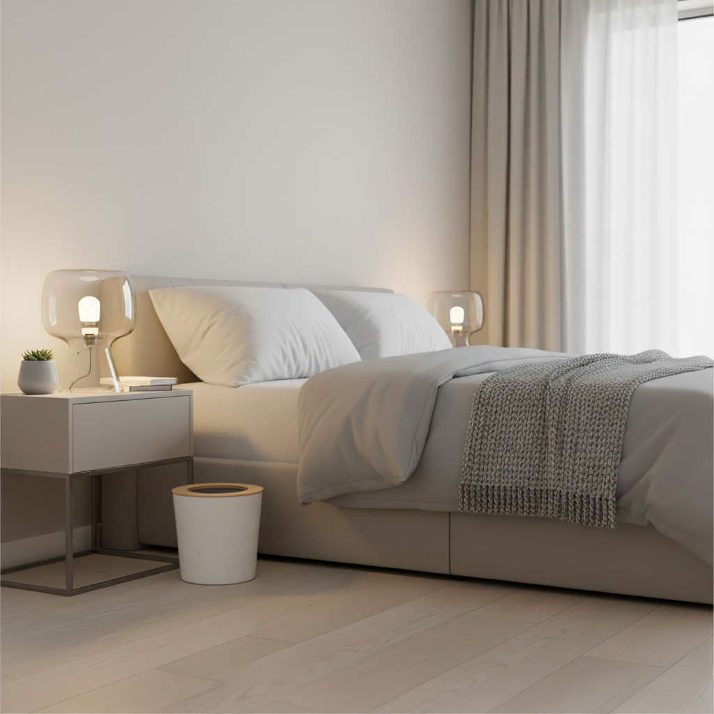 Metalen afvalemmer open bamboe deksel wit-naturel 5L