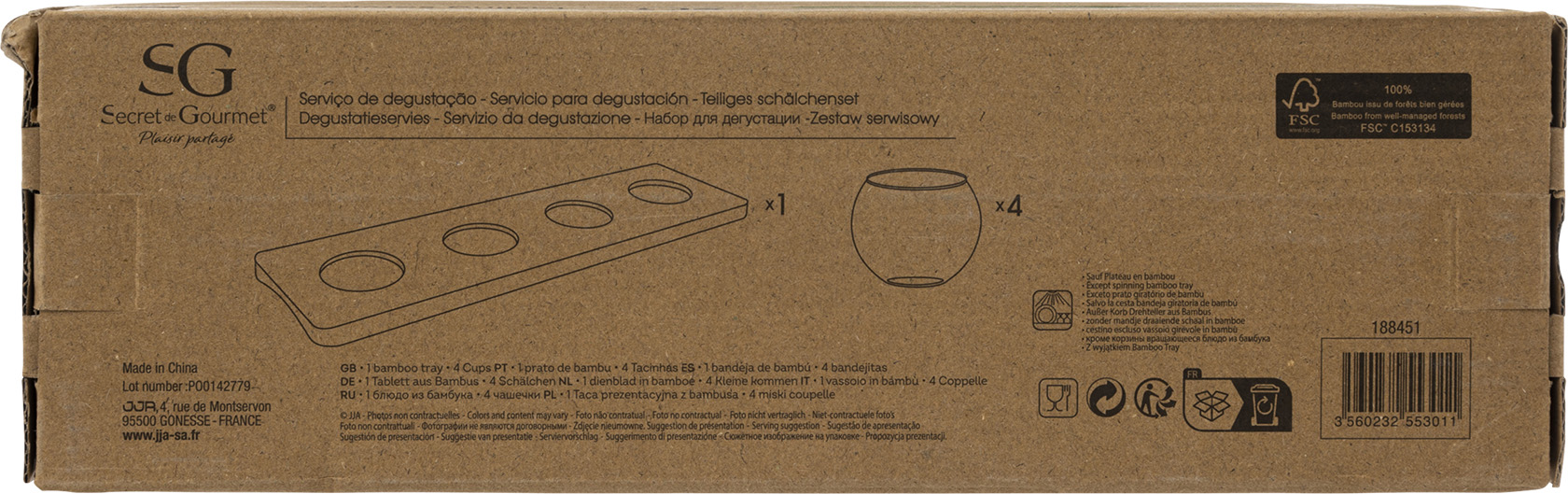 Serveerplank bamboe met glazen schalen 5-delig