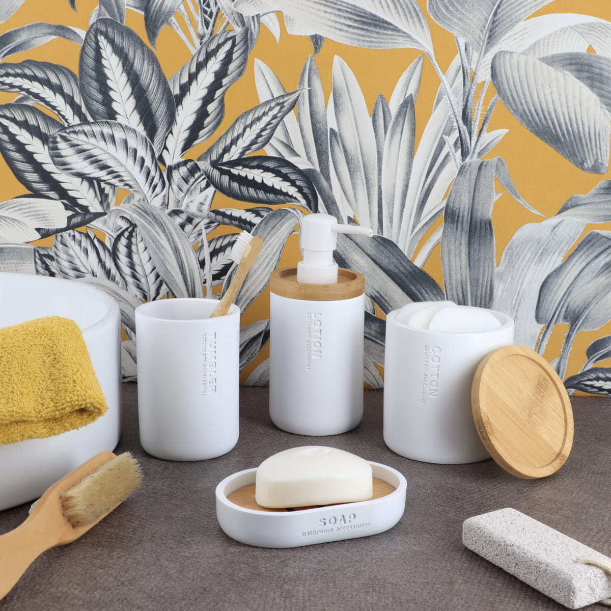 Wattenhouder polyresin bamboe wit naturel