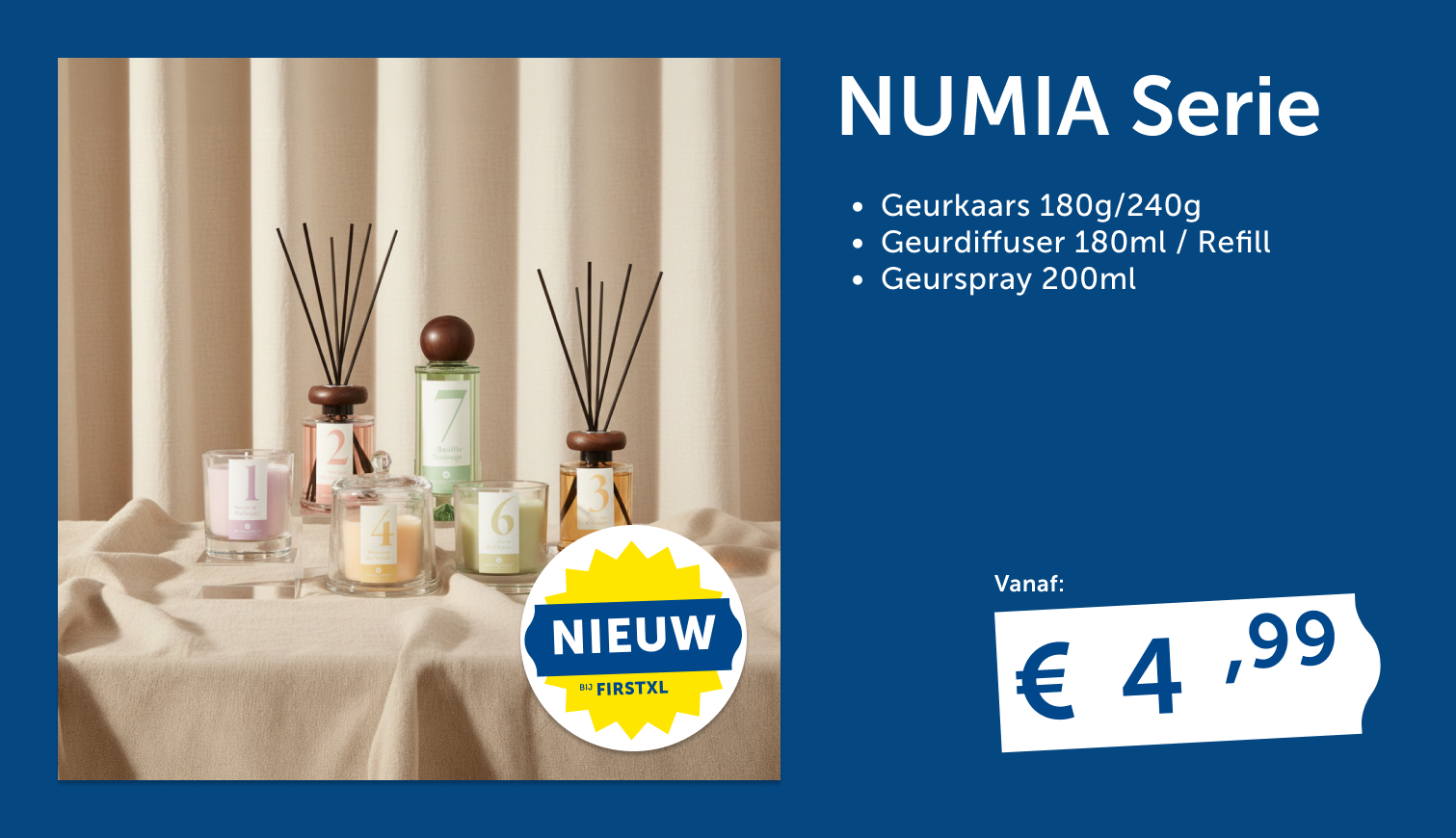Numia geurserie, Geurkaars 180g/240g, Geurdiffuser 180ml, Refill Geurspray 200ml